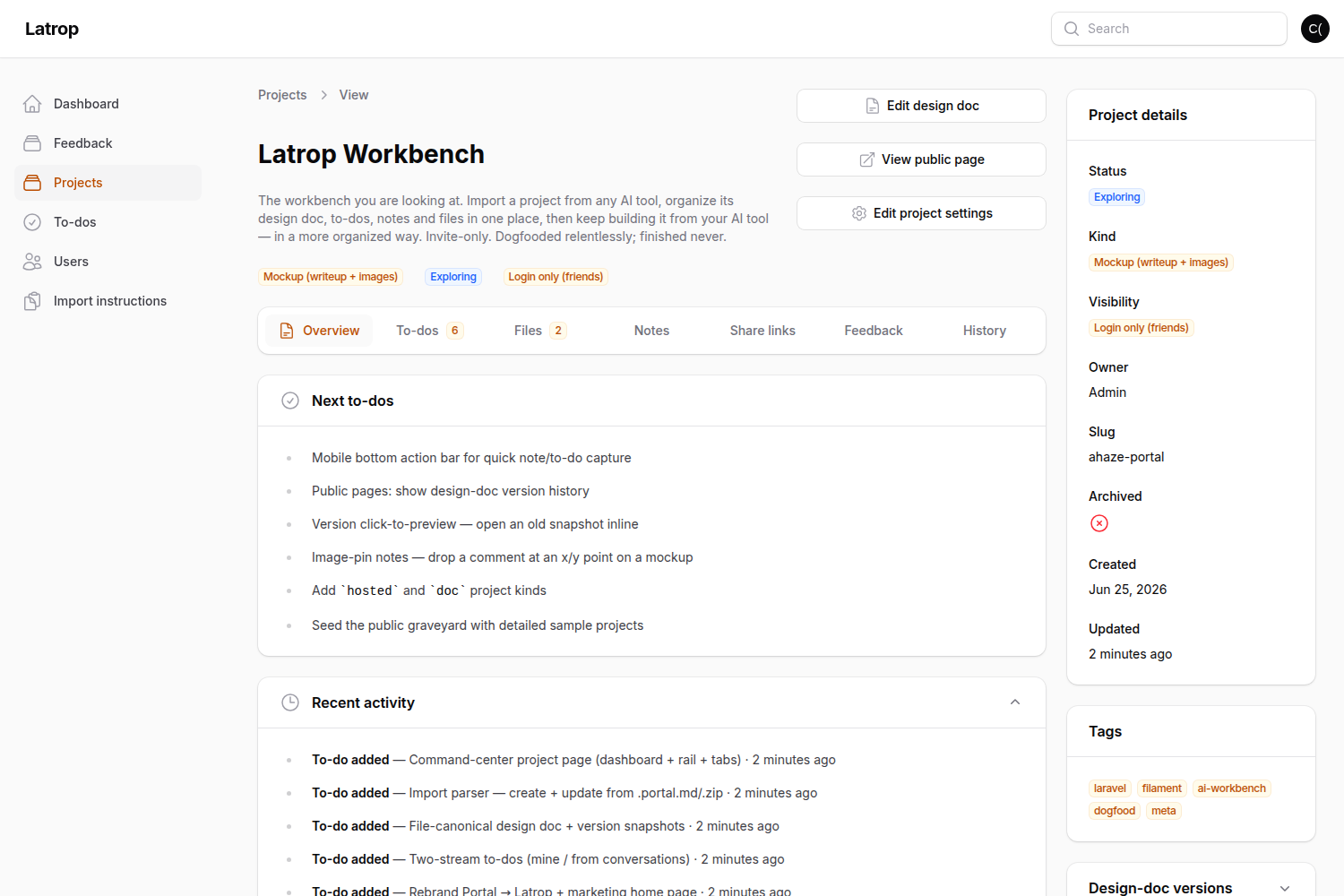 A Latrop Workbench project page — design doc, to-dos, and details in one place